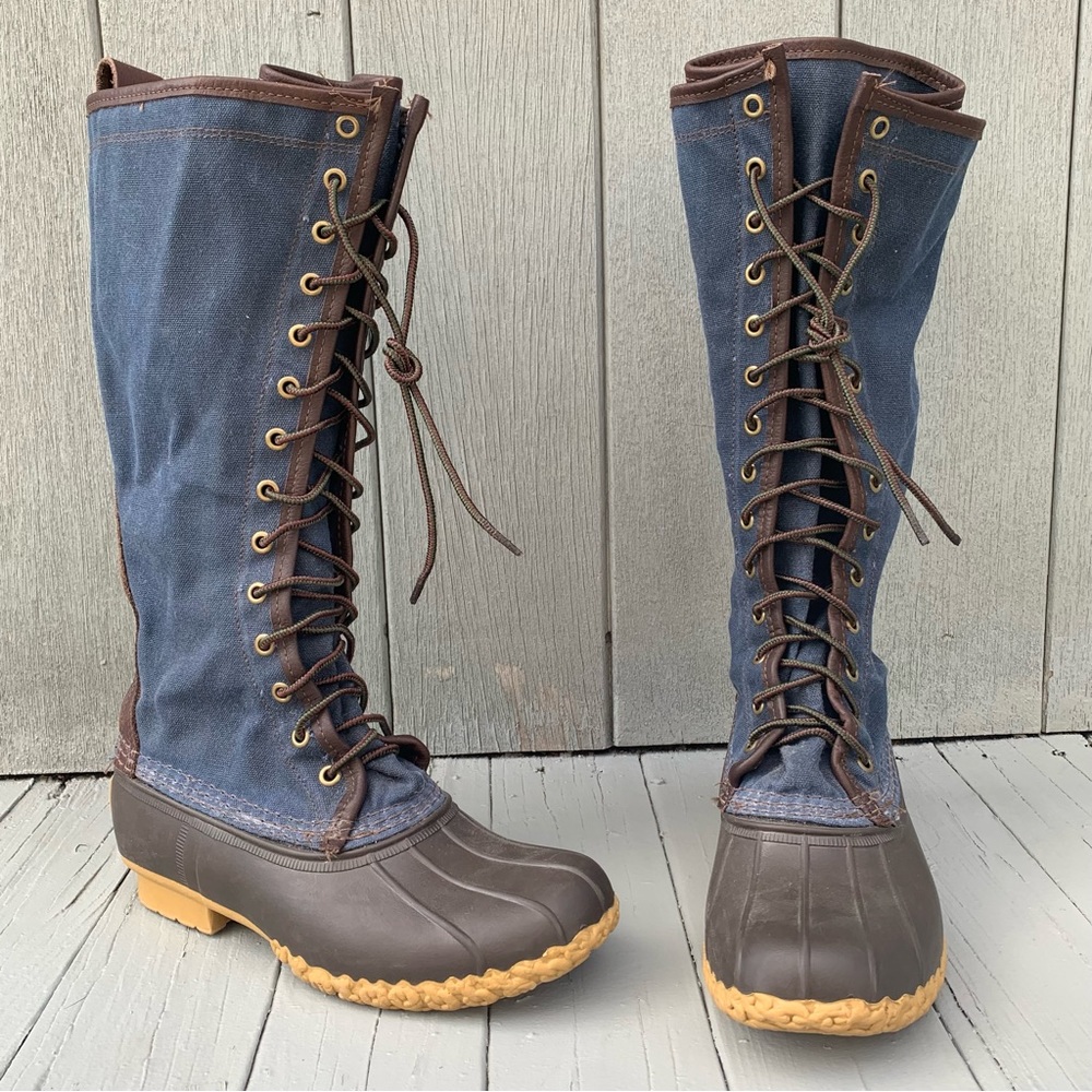 Navy Blue/Brown Fabric/Leather LL Bean Knee High Lace Up Winter Boots Bean Boots